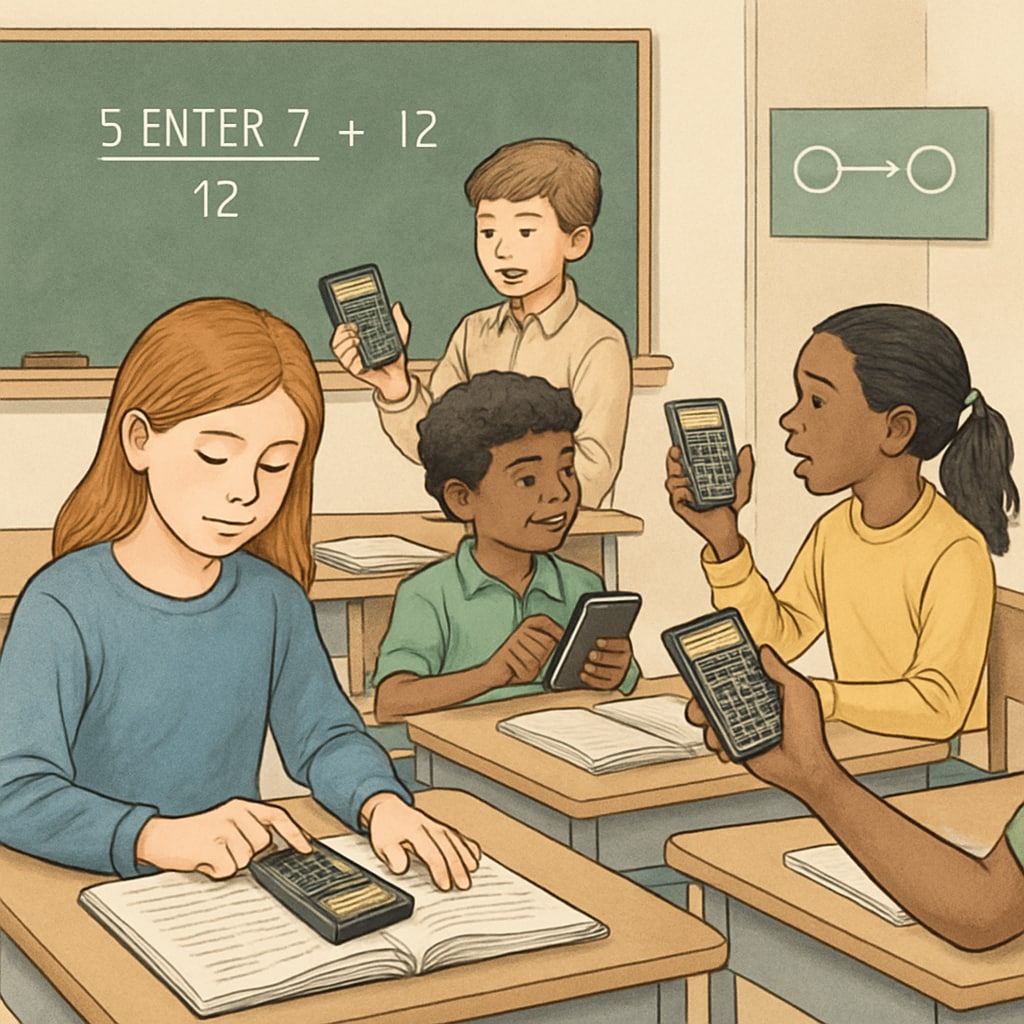 Students using Reverse Polish Notation calculators in a classroom environment