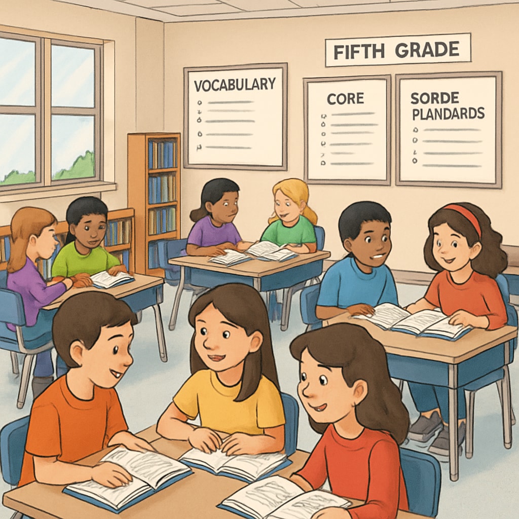 A classroom with fifth-grade students engaged in a group reading activity, showcasing the integration of vocabulary and core standards learning. Fifth-grade students participating in a group reading activity, highlighting ELA教学结构,阅读教学策略,标准导向教学(英文).