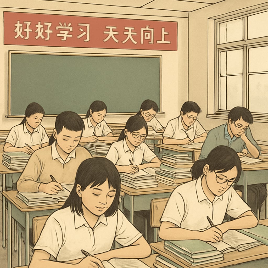 Chinese students preparing for exams, showcasing the exam-driven education model.