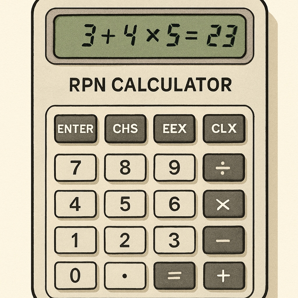 Reverse Polish Notation calculator displaying a simplified mathematical equation