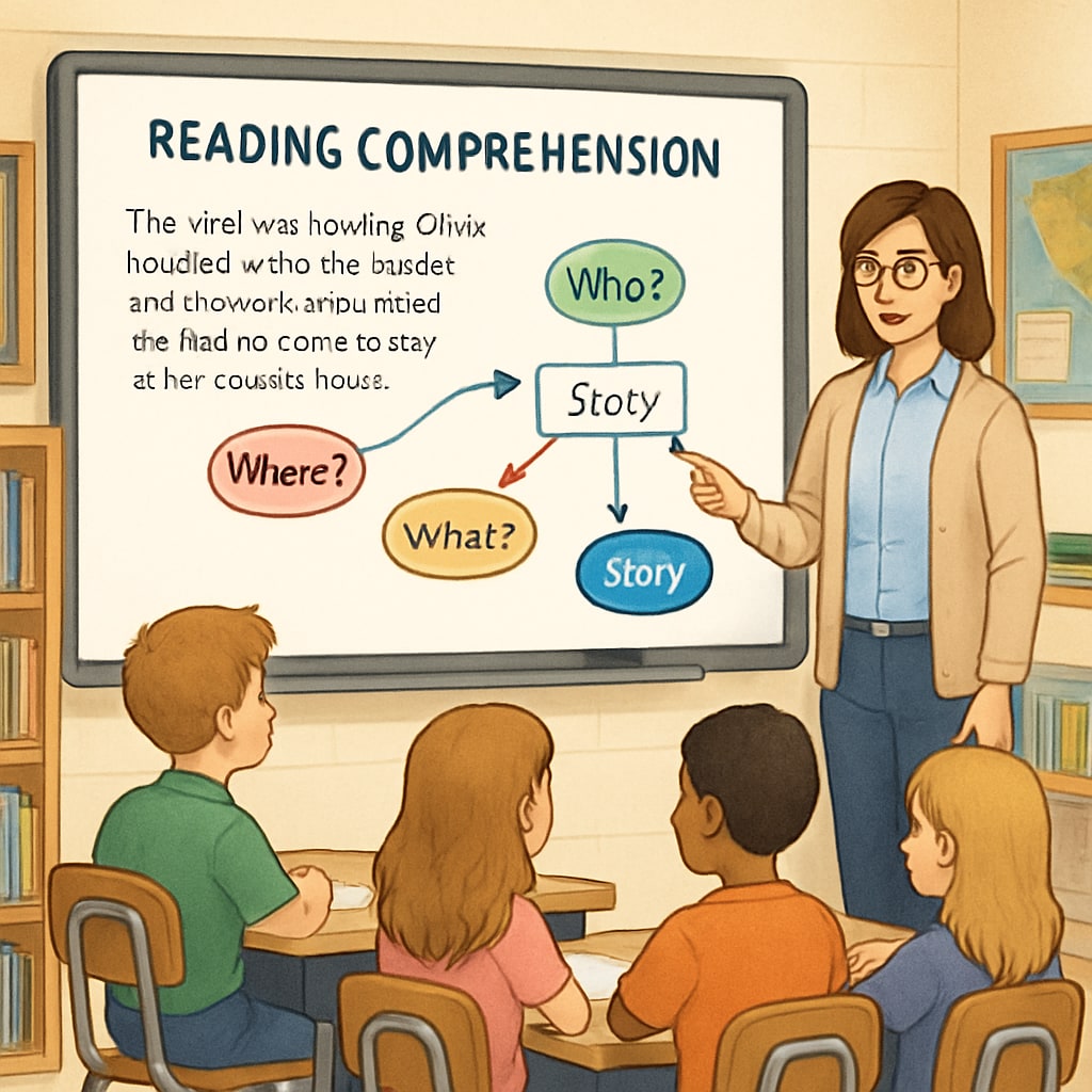 A teacher using an interactive whiteboard to explain a reading comprehension activity to fifth-grade students, illustrating technology integration in ELA teaching. Fifth-grade ELA class using technology for reading comprehension activities, emphasizing module optimization.