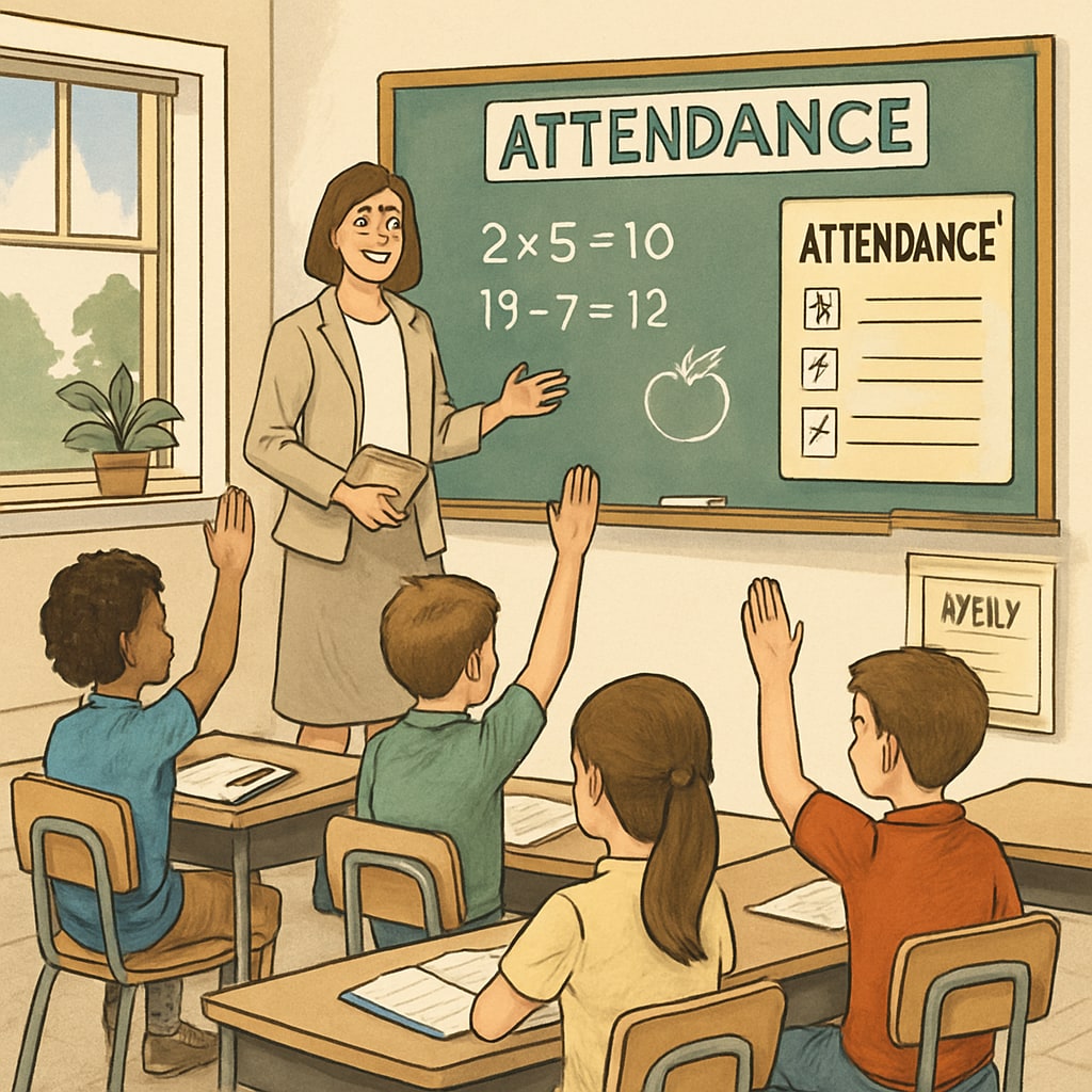 A classroom setting with students raising their hands, illustrating the importance of attendance. Students in a classroom participating, highlighting attendance policies.