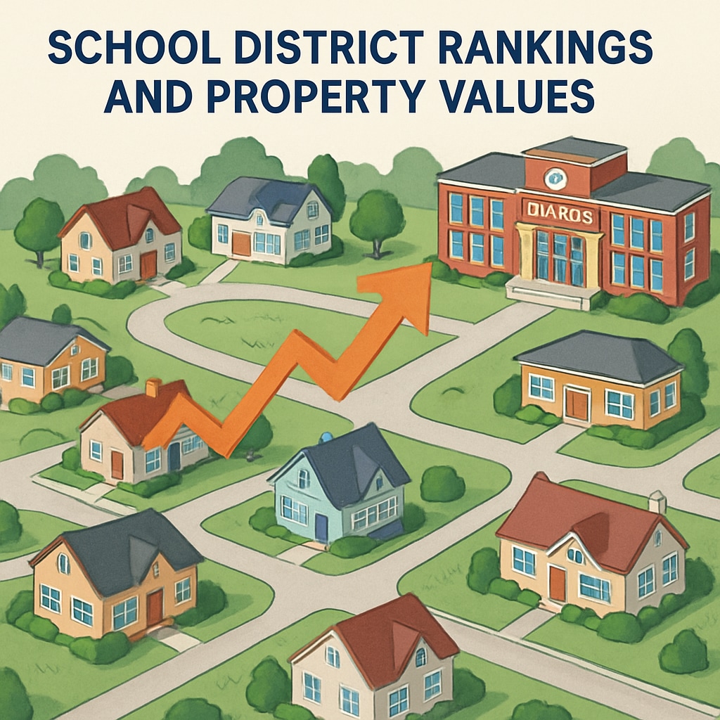A suburban neighborhood with houses and a nearby school, symbolizing the connection between school district rankings and property values. Suburban neighborhood showcasing school district rankings and property values relationship.