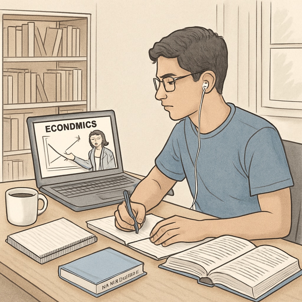 Engineering student participating in an online economics class to illustrate dual-degree flexibility.