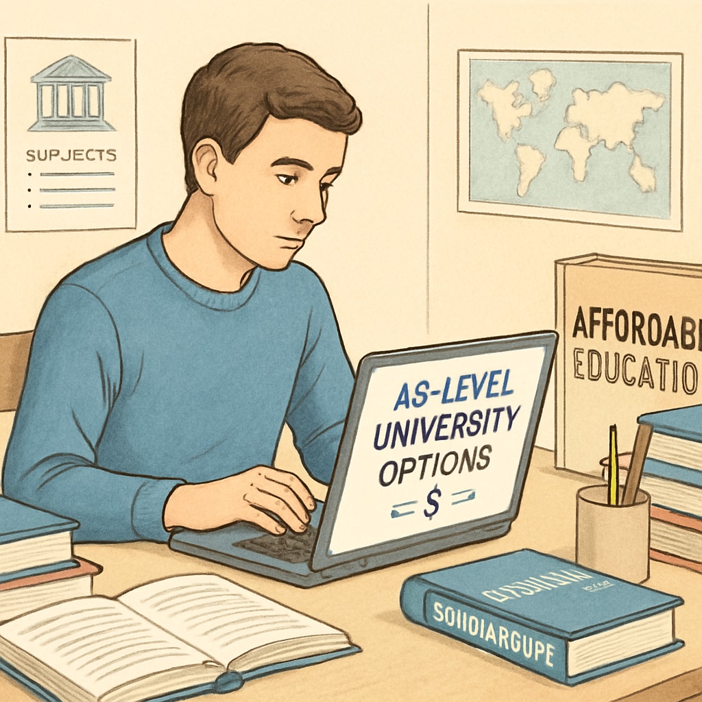 Student searching for AS-level affordable universities on a laptop.