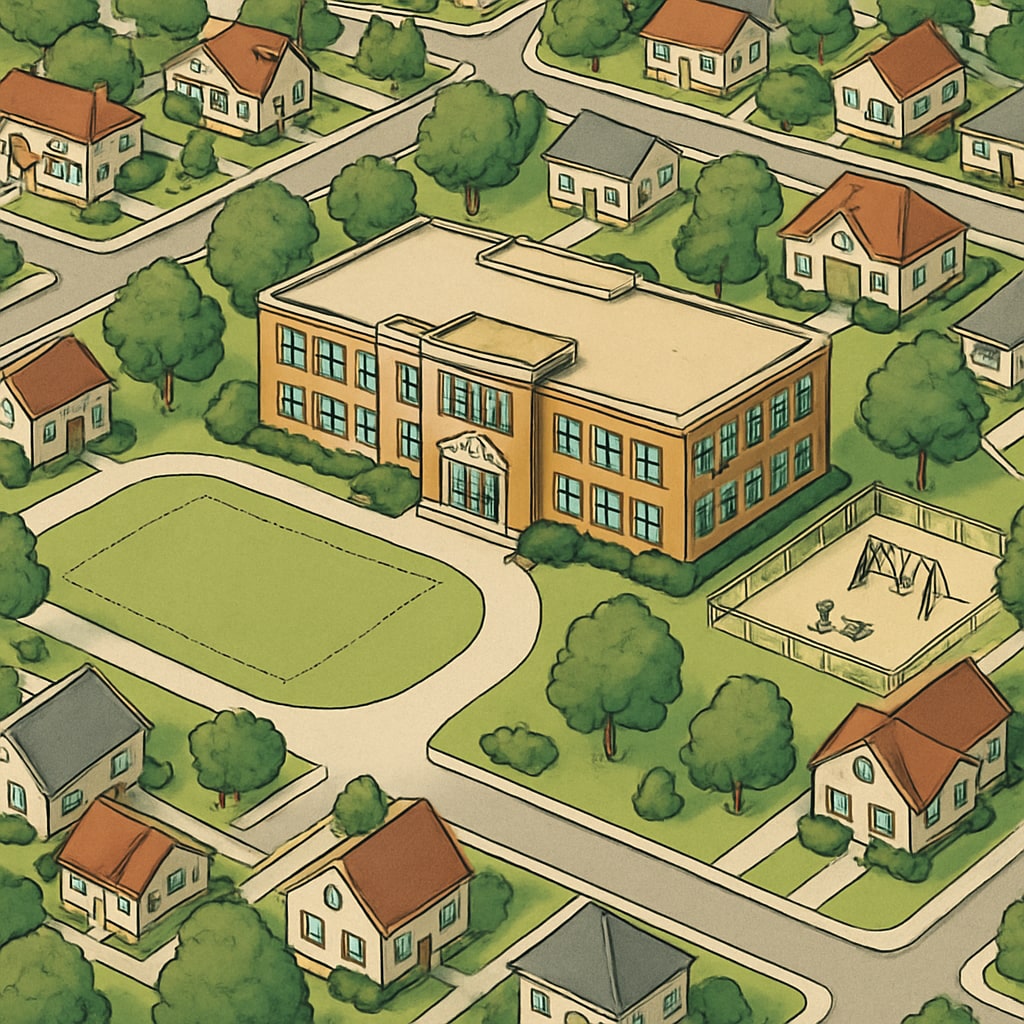 An aerial view of a highly-rated school surrounded by family homes, illustrating the demand for properties in top districts. Aerial view of high-performing school and surrounding homes linked to property values.