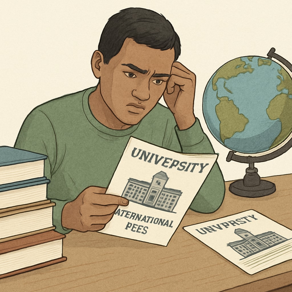 A migrant student looking at university brochures, symbolizing the financial challenges of international fees. Migrant student facing international fee challenges in UK universities
