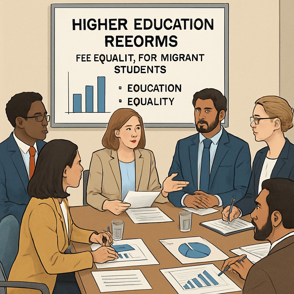 A policy meeting discussing higher education reforms, with an emphasis on fee equality for migrant students. Policy meeting focused on education fee reforms for migrant students