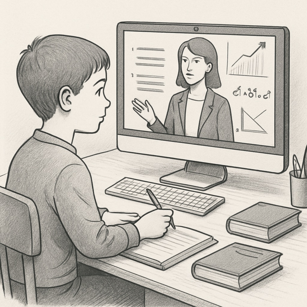 A young student engaged in an online class, representing advanced online education for gifted learners. Online learning for gifted middle school students at Khan World School.