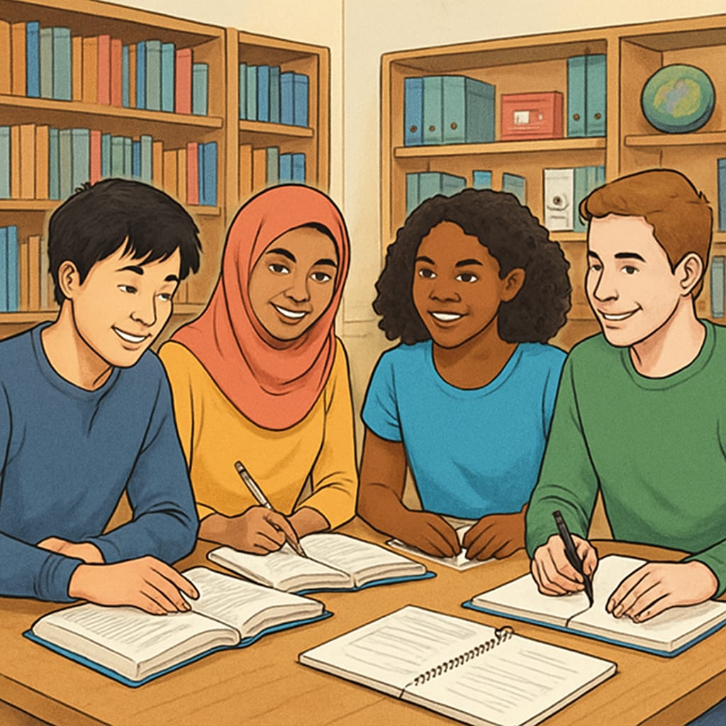 A group of international students studying together in a library, representing affordable education and diversity. International students studying in a library, affordable tuition options for AS-Level qualifications.
