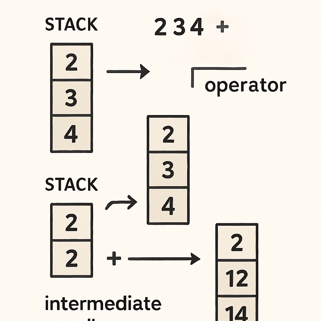 A technical illustration showing how Reverse Polish Notation (RPN) works, including a step-by-step breakdown of an example calculation. Reverse Polish Notation calculation steps demonstrated.