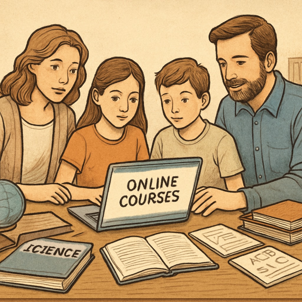 A homeschooling family reviewing online course options together, symbolizing parental involvement in education. Homeschooling family exploring Khan World School and ASU dual enrollment options.