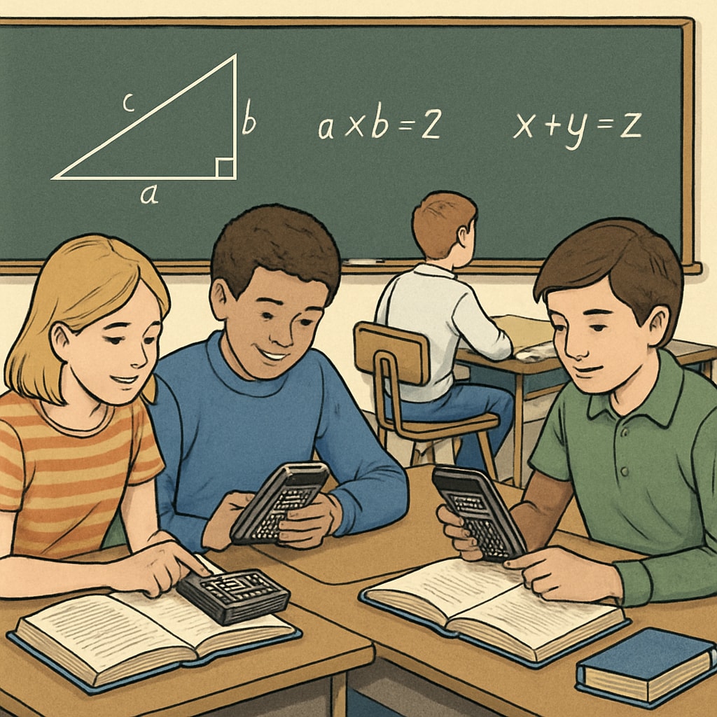 A classroom setting where students are using RPN calculators to solve mathematical problems collaboratively. Students in a classroom using RPN calculators for math problems.