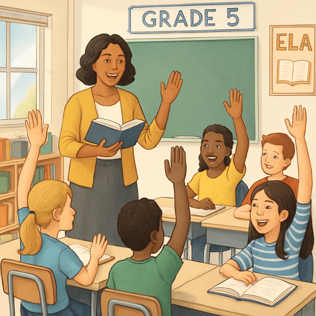 A teacher leading a lively fifth-grade ELA class discussion about a book. Fifth-grade ELA class with a teacher and students discussing a book.