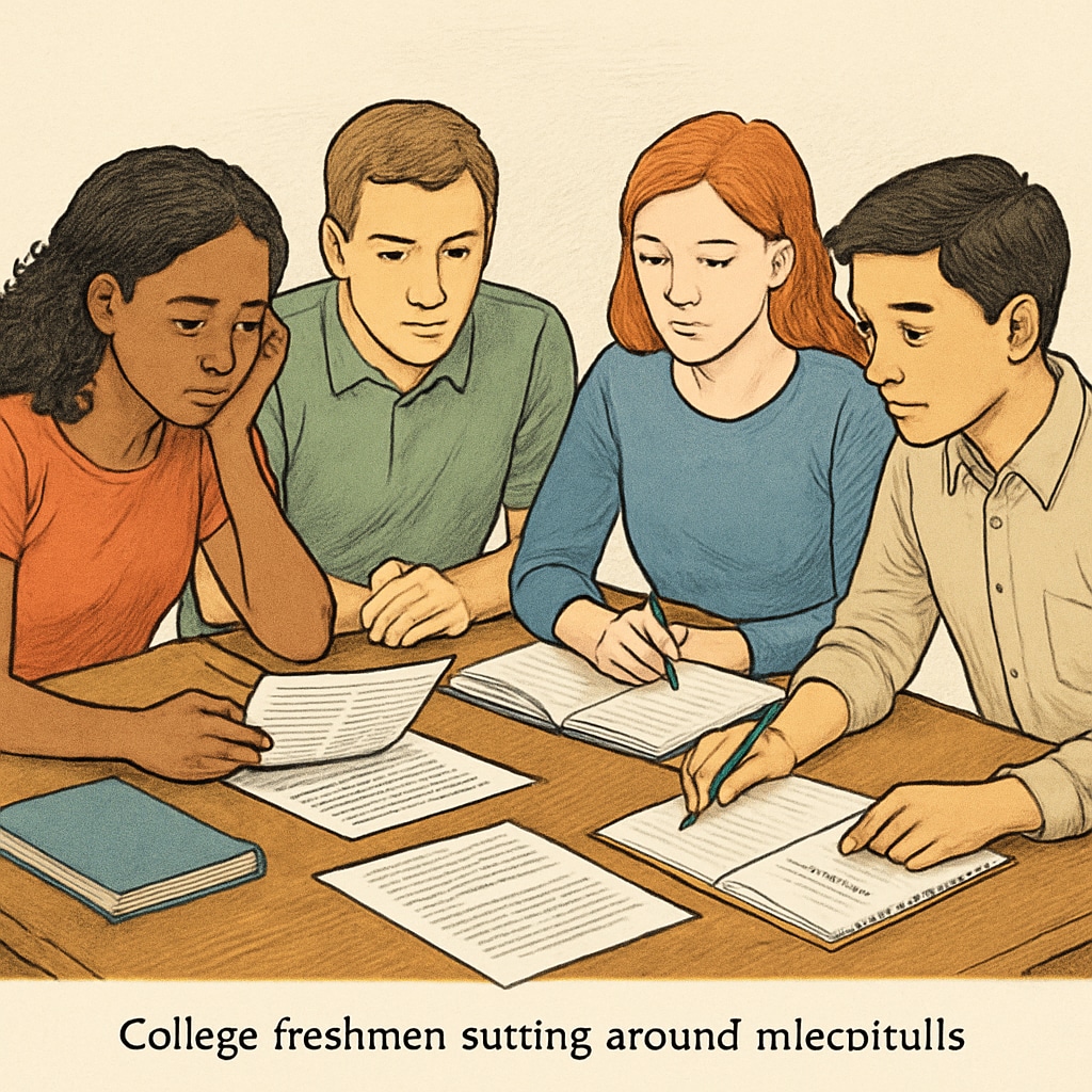 Freshmen reviewing college application materials, symbolizing the challenges they face.
