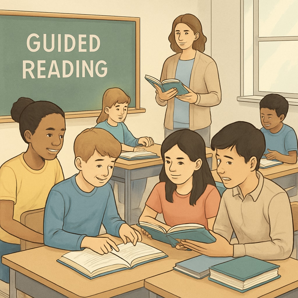 Students collaborating in small groups during a guided reading session in an ELA classroom. Fifth-grade ELA students working on a guided reading activity in groups.