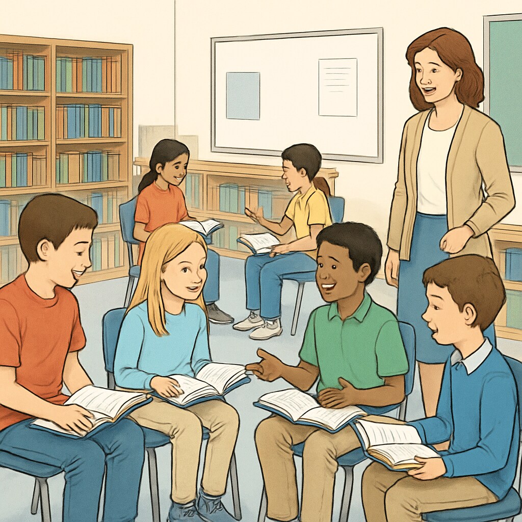 A classroom setting where students are actively engaged in group reading activities, with a teacher guiding them. Fifth-grade students participating in a guided reading activity as part of their ELA teaching structure.
