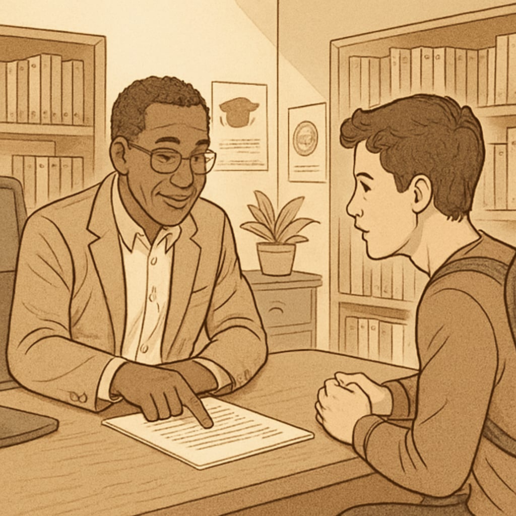 College advisor guiding a freshman on the application process.