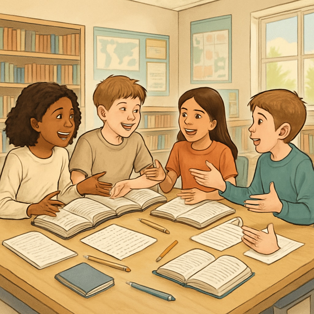 A group of fifth-grade students participating in a literature circle, with books and discussion notes spread across a table. Students discussing books in a literature circle, showcasing effective reading strategies.