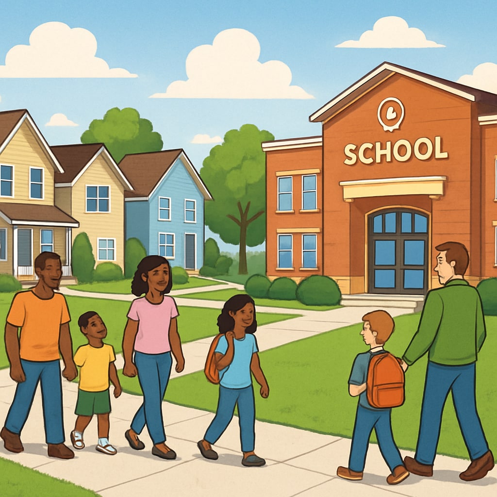 A suburban neighborhood with families walking near a highly rated school building, showcasing the link between education and housing. Suburban neighborhood near a highly rated school highlighting property value.