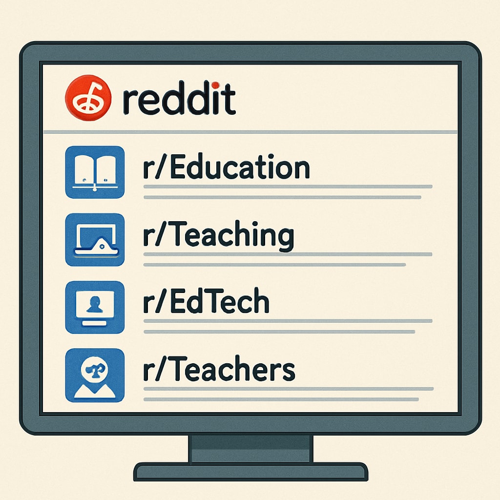 A snapshot of multiple Reddit subreddits for education, displayed on a computer screen. Popular Reddit education subreddits shown on a computer screen, including r/Teachers and r/Education.