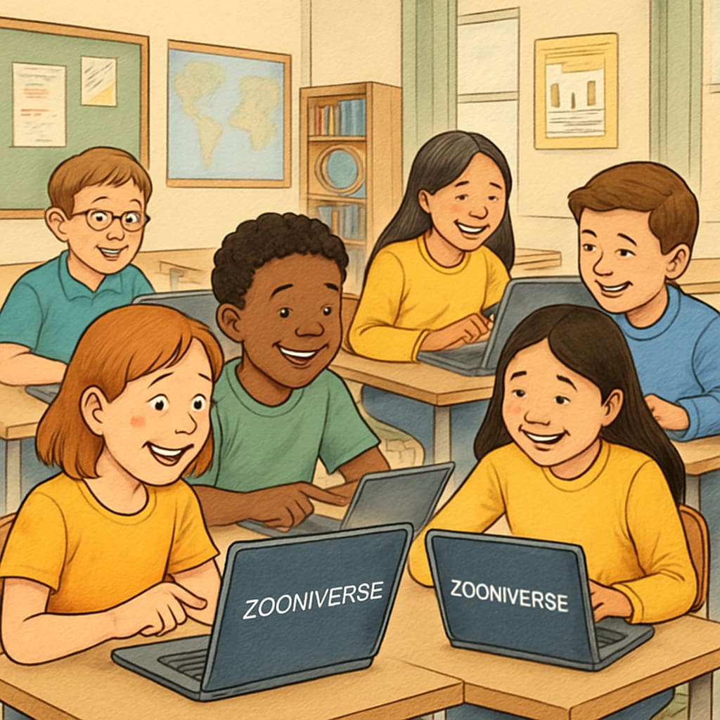 Students engaging with Zooniverse citizen science projects on laptops in a classroom.
