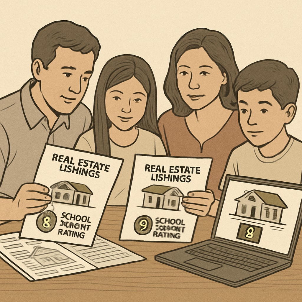 A family reviewing real estate listings with school district ratings highlighted, emphasizing the decision-making process. Family reviewing real estate listings with school rankings displayed.
