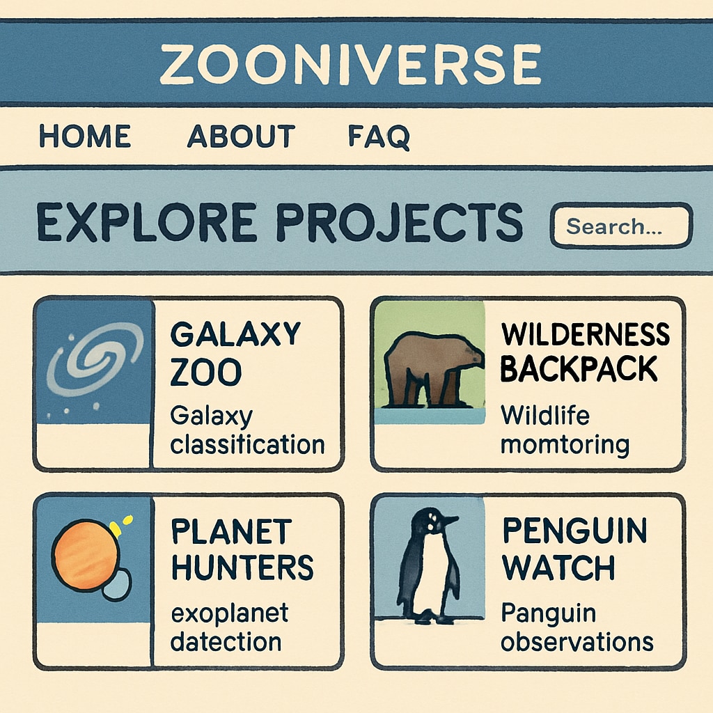Zooniverse homepage showing diverse citizen science projects.
