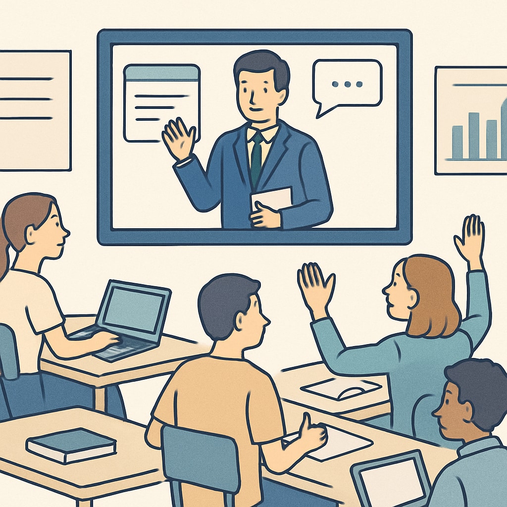 A virtual classroom setting where students interact with an instructor on a shared screen. Students engaging in a virtual learning session with an instructor through Khan World School.