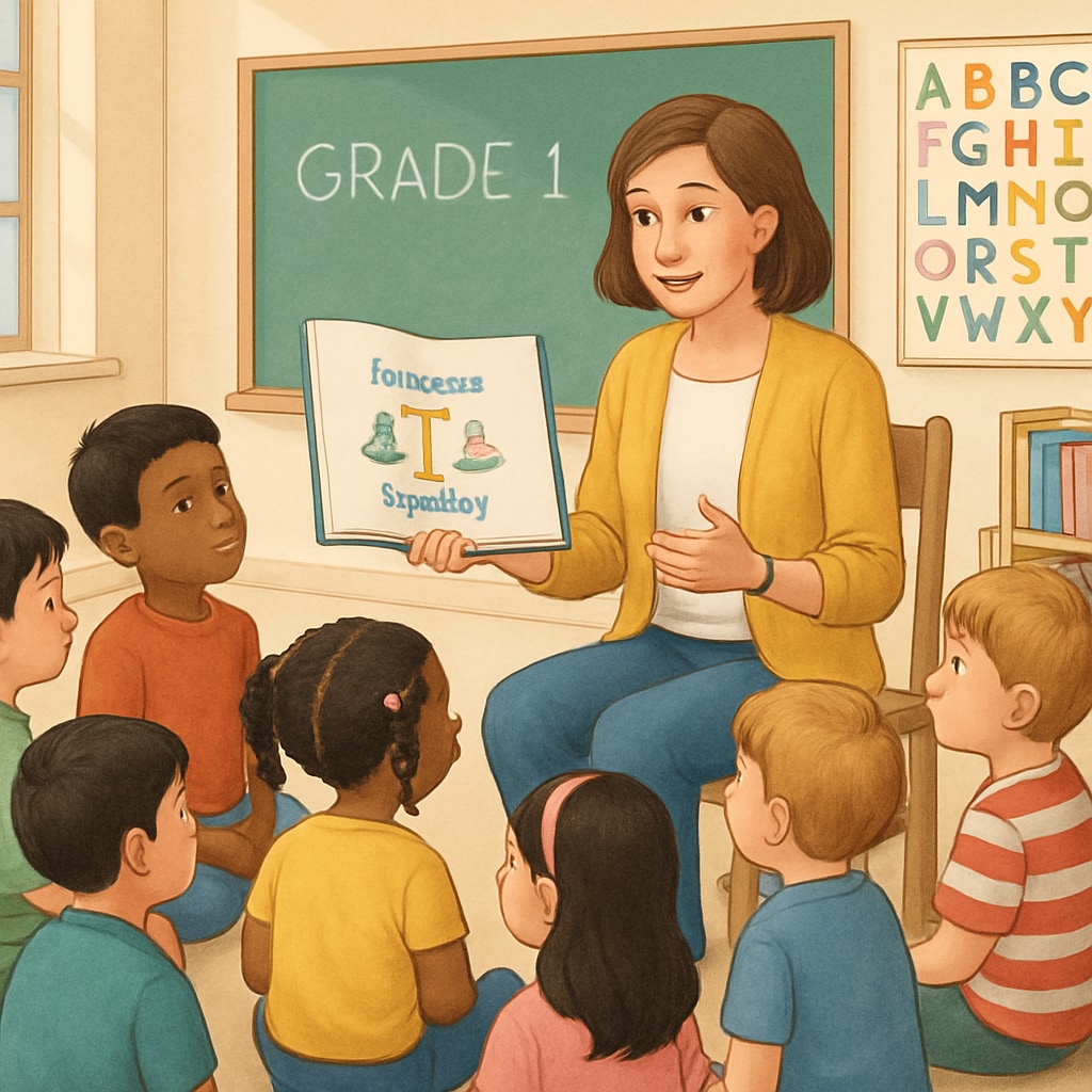 A classroom of first-grade students sitting attentively in a circle, while a teacher reads a storybook about fairness and equality. First graders learning about fairness and equality through a storybook.