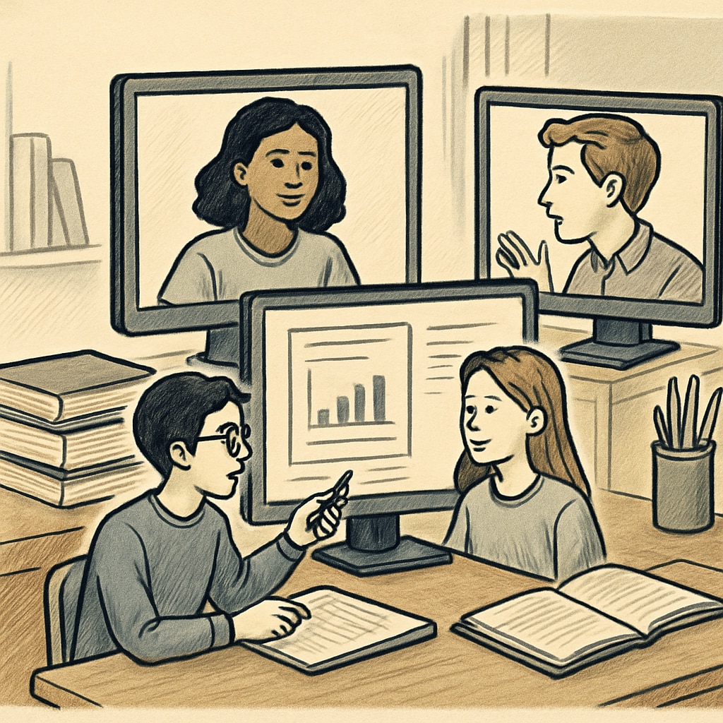 Students participating in a virtual group project, displayed on multiple screens. Students collaborating on a group project in an online class through the dual enrollment program.