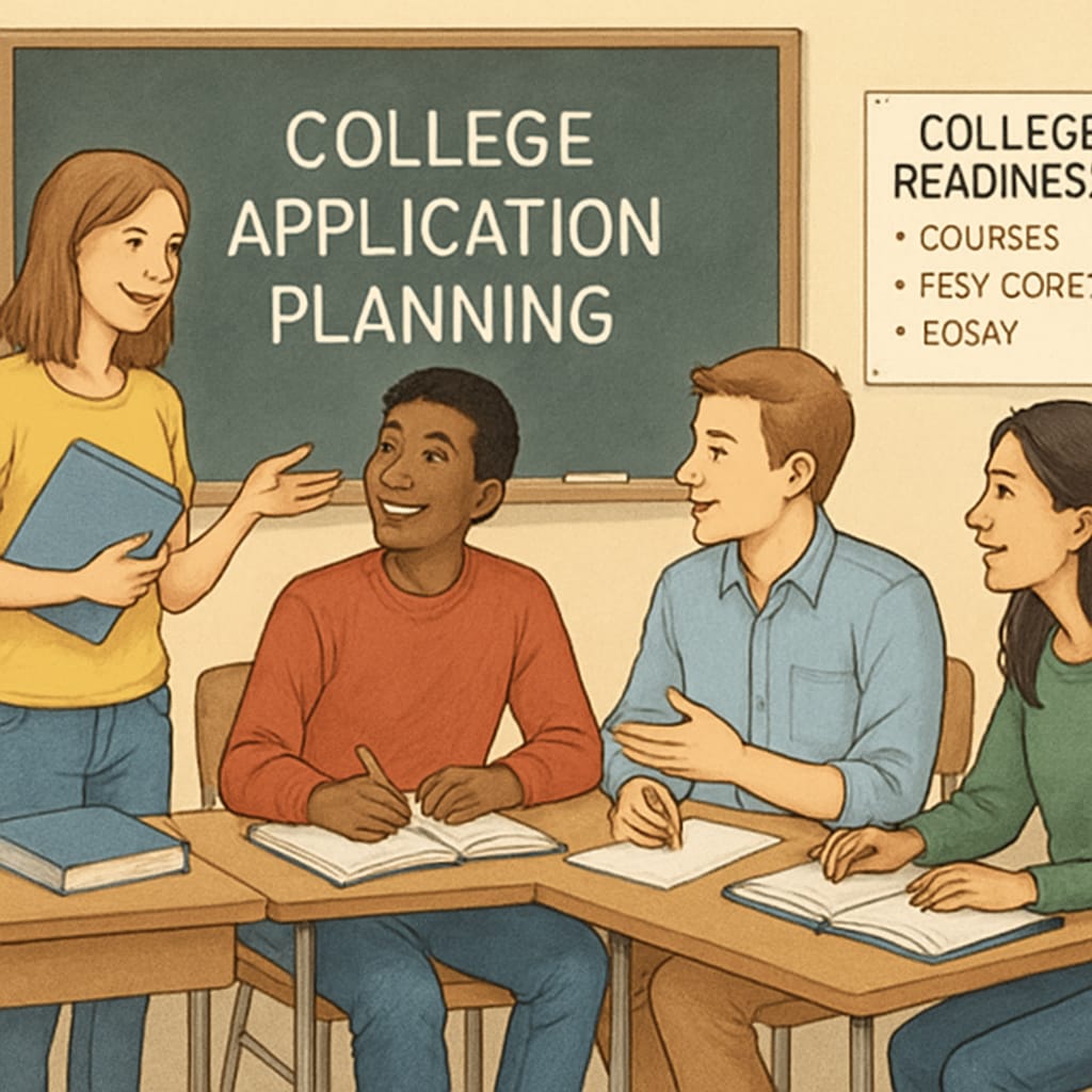Freshmen discussing college application planning in a classroom setting