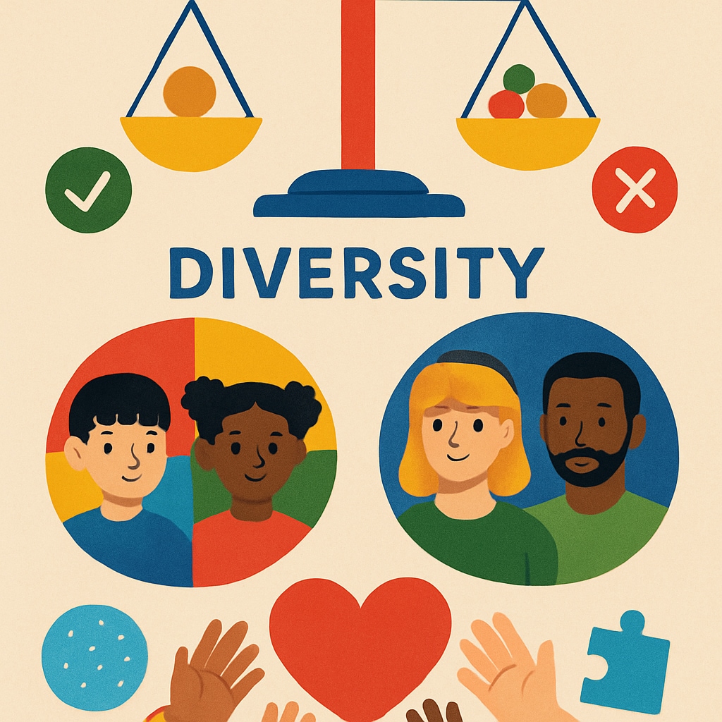 An educational poster featuring simplified concepts of fairness, diversity, and inclusion, designed for early learners. Educational poster promoting fairness, diversity, and inclusion for young students.
