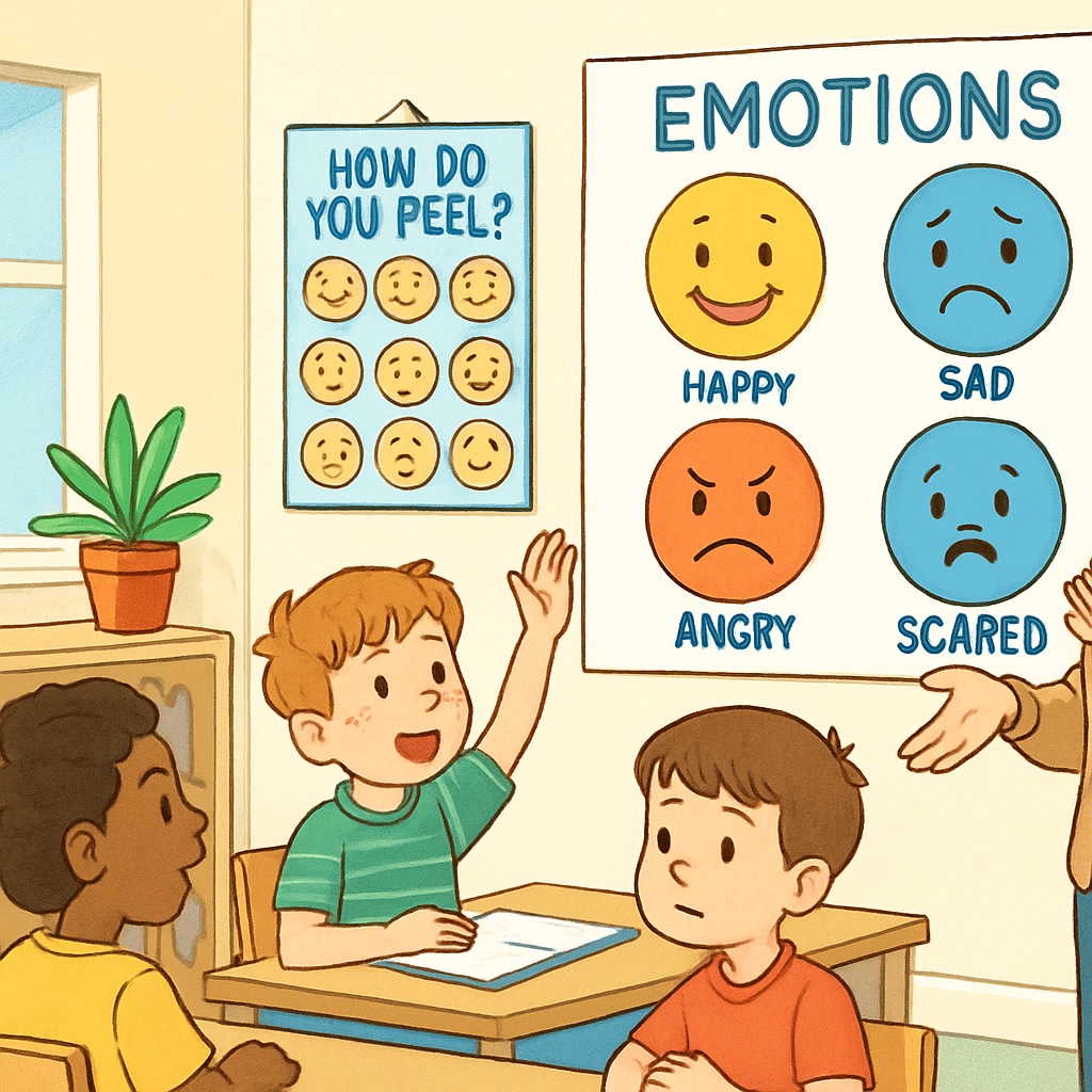 Emotional education in a classroom setting, children learning about emotions.