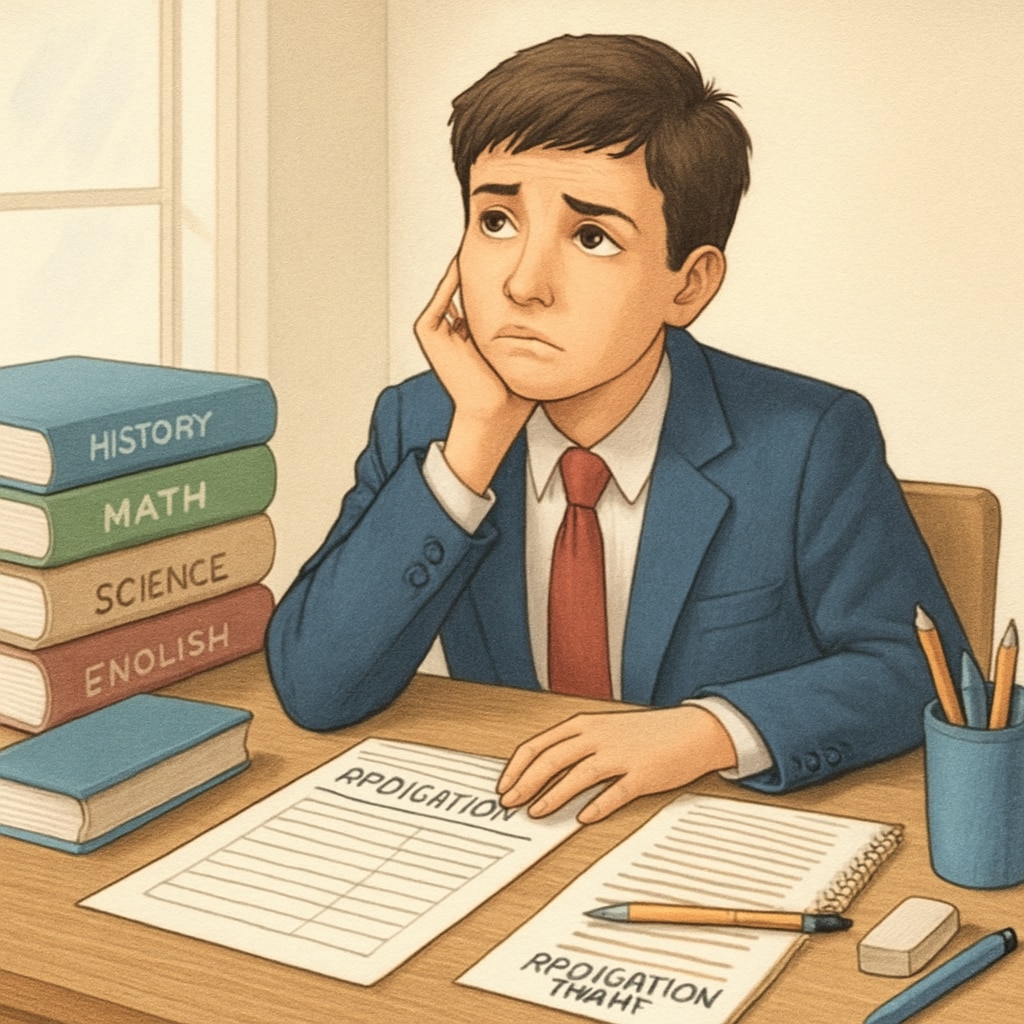 A high school student sitting at a desk, surrounded by textbooks and application forms, looking overwhelmed. High school freshman overwhelmed by college application challenges.