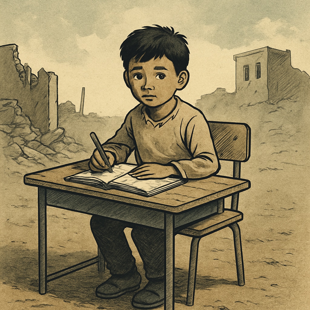 A child in a conflict zone outside the Middle East, reflecting the need for Ms. Rachel's humanitarian educational work worldwide.