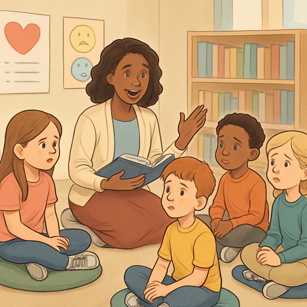 Children engaging in emotional storytelling as part of emotional education.