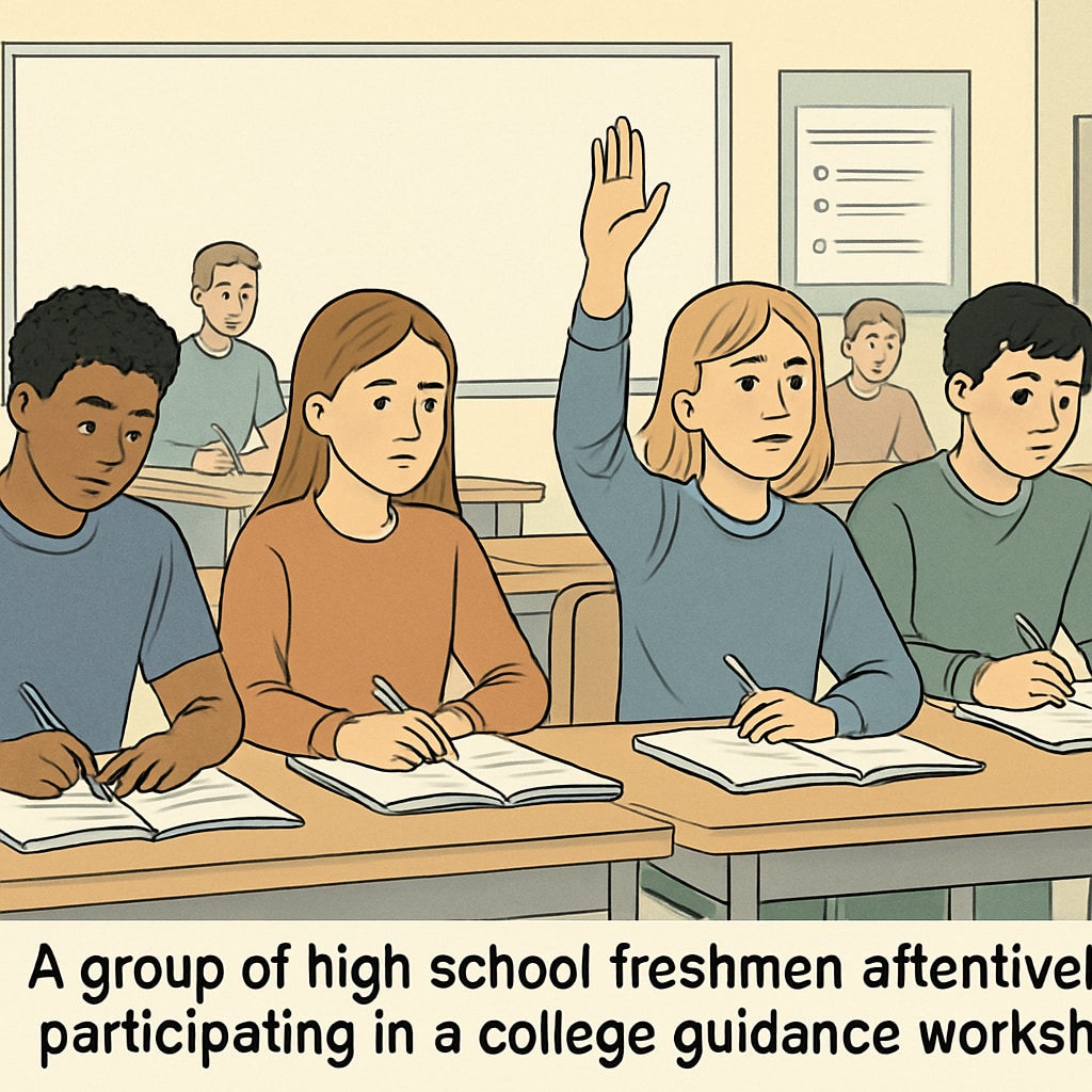 A group of high school freshmen attending a college guidance workshop, taking notes and asking questions. High school freshmen learning about college applications in a workshop.