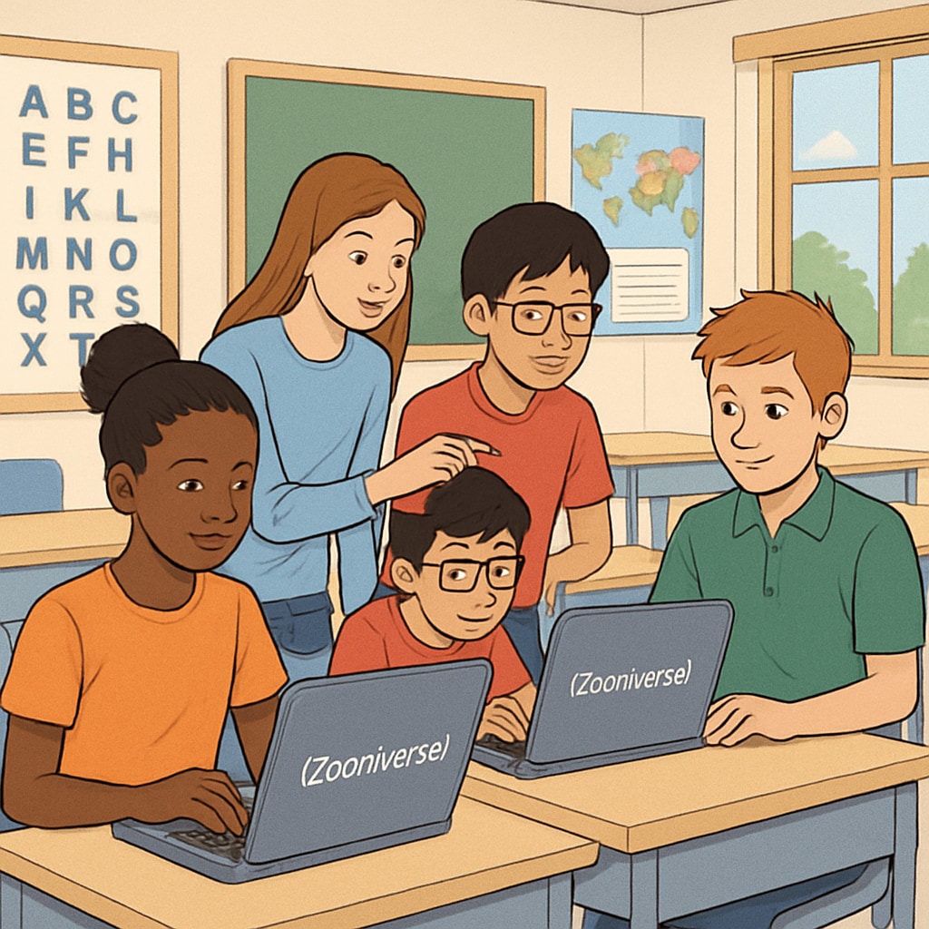 A group of students actively engaging with Zooniverse projects on laptops in a classroom setting. K12 students participating in Zooniverse citizen science projects on laptops.