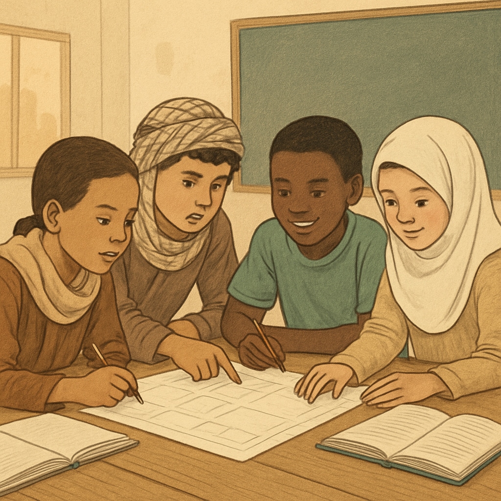 Children from global conflict zones engaging in education, highlighting Ms. Rachel's potential impact beyond the Middle East.