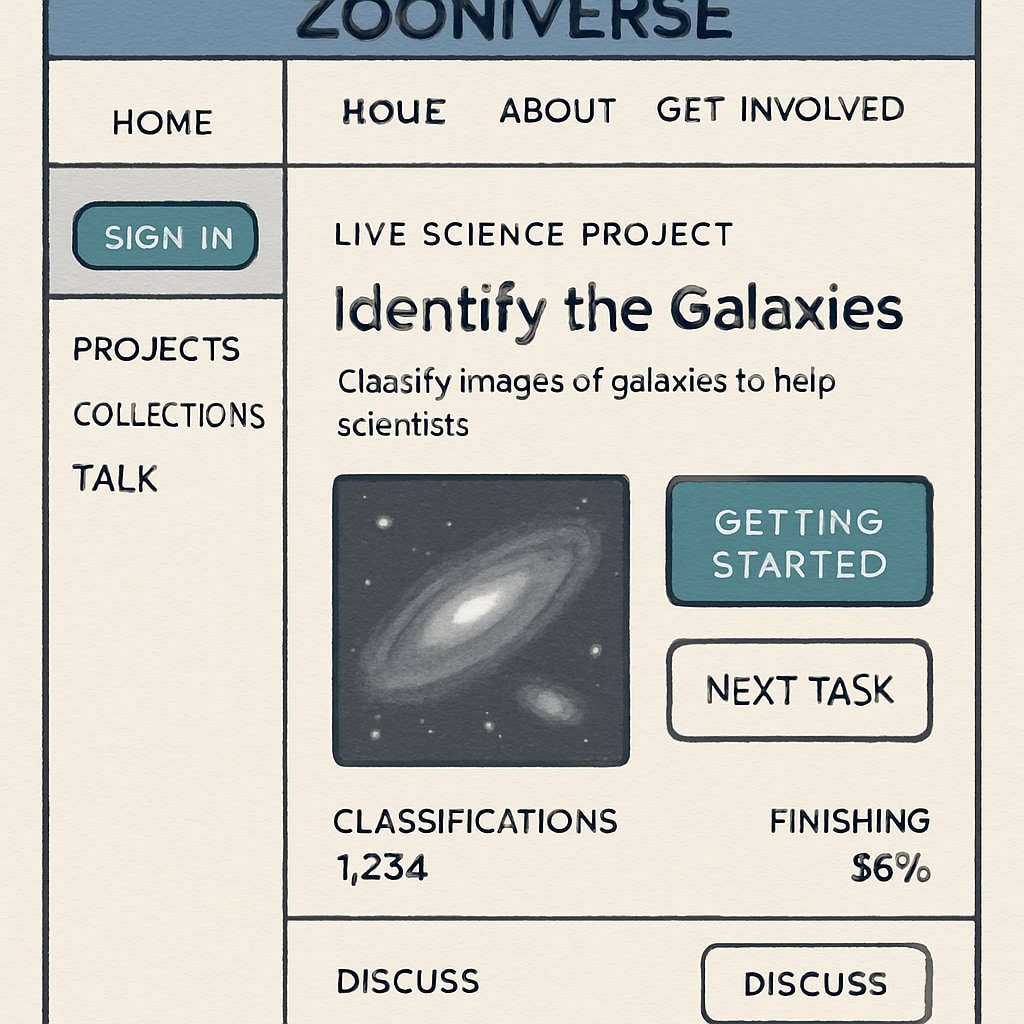 A screenshot of the Zooniverse platform showing a live science project interface. Zooniverse platform interface displaying a real-world science project.