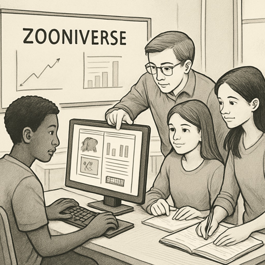 A group of students analyzing data on the Zooniverse platform in a classroom setting. Students analyzing data on Zooniverse as part of a citizen science project.