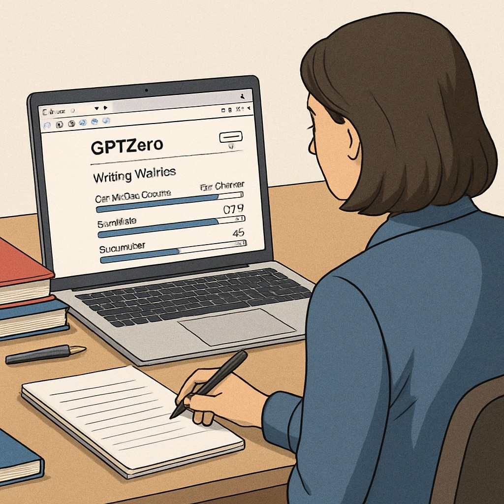 An educator analyzing student writing patterns using GPTZero on a Chrome extension, with a laptop displaying writing metrics. Educator using GPTZero to analyze student writing for plagiarism detection.