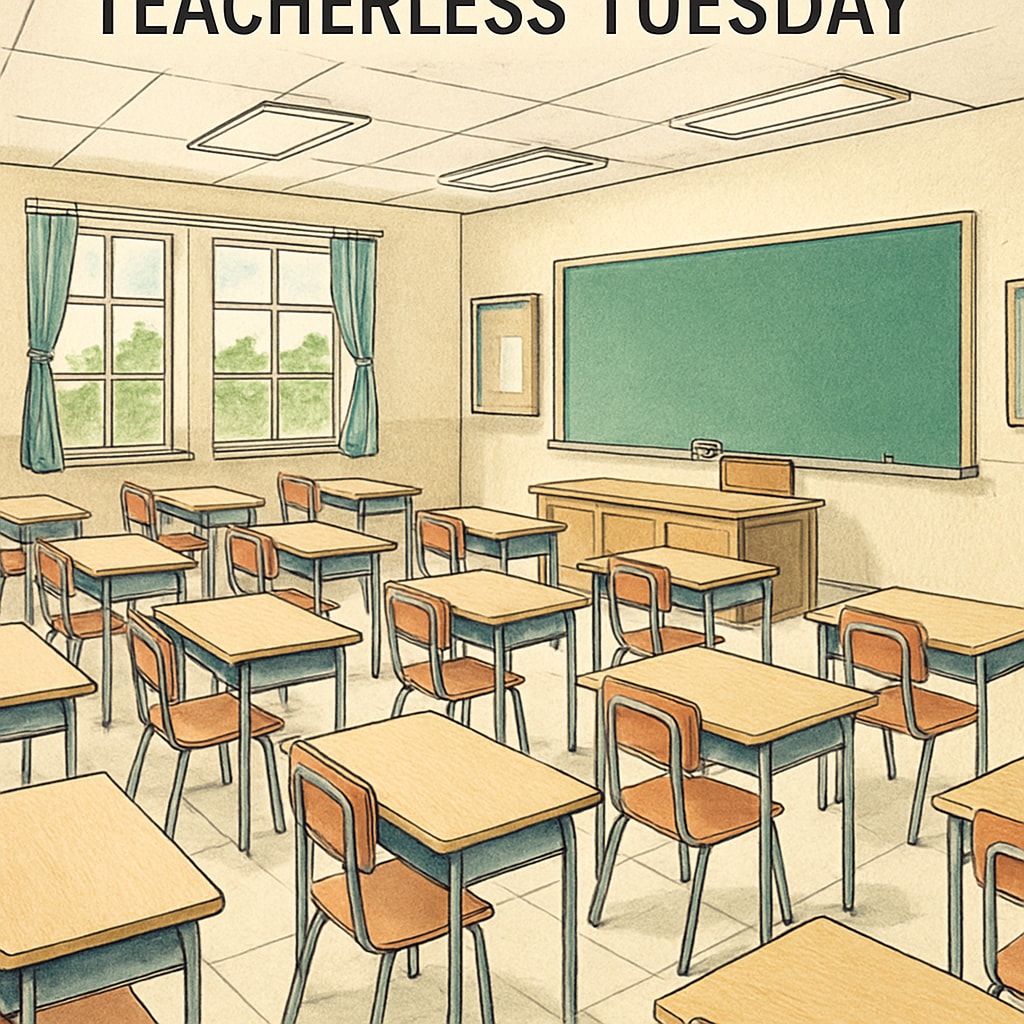 A group of empty classrooms in a school, symbolizing Teacherless Tuesday protests. Empty classrooms representing Teacherless Tuesday, a coordinated teacher protest.