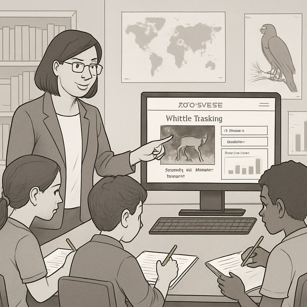 A teacher guiding students as they explore a wildlife tracking project on Zooniverse. Teacher helping students with a Zooniverse wildlife project in the classroom.