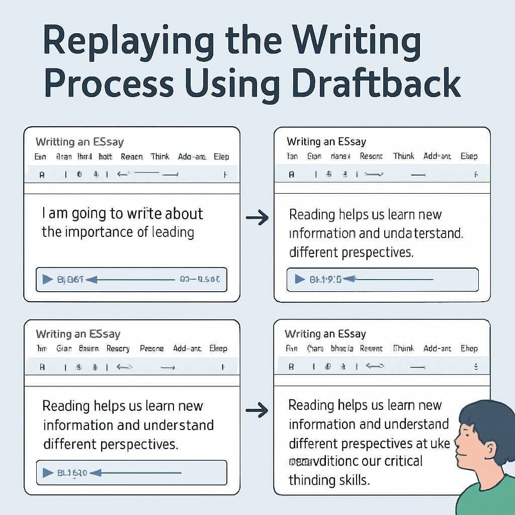 A demonstration of Draftback replaying a student's writing process step by step on Google Docs. Draftback replaying the writing process of a student document.