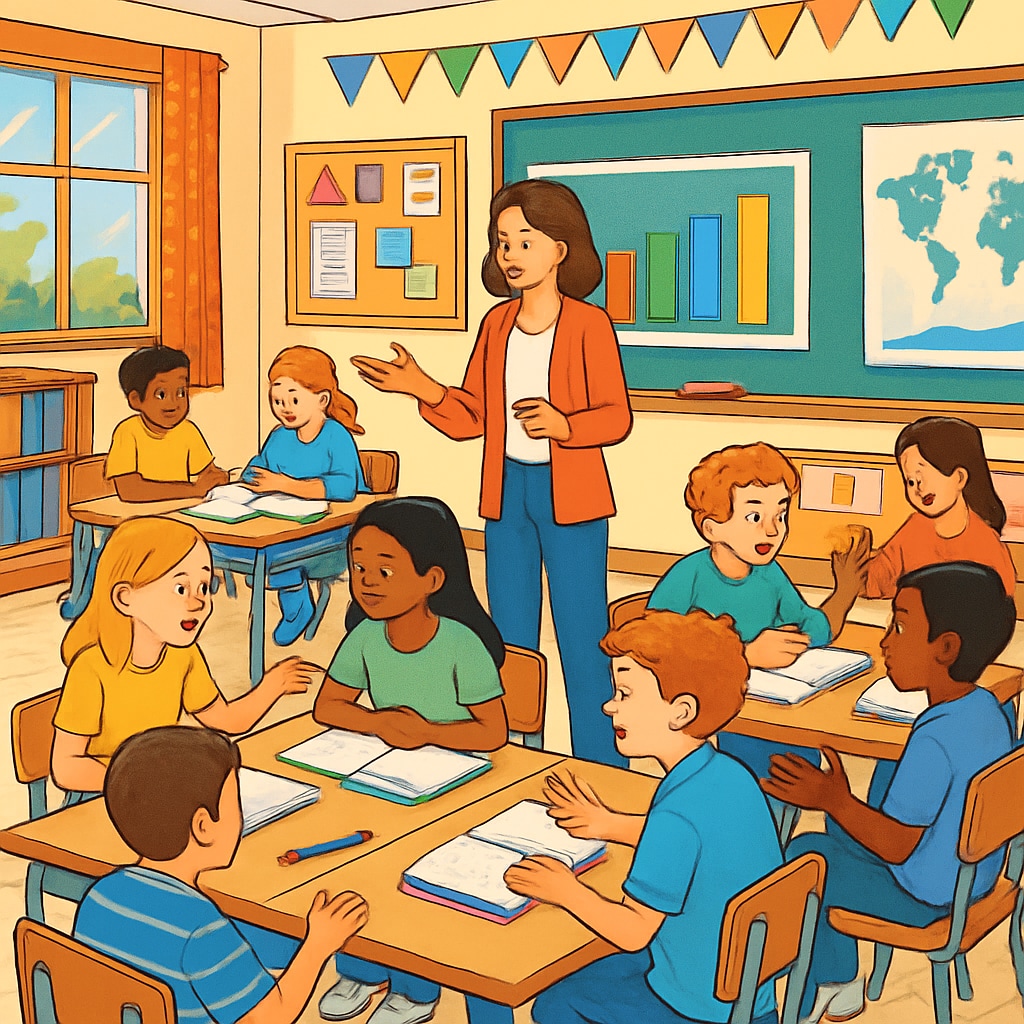 A classroom with vibrant decorations, students actively participating in group learning, and a teacher guiding discussions. Public elementary school classroom environment with engaged students and teacher.