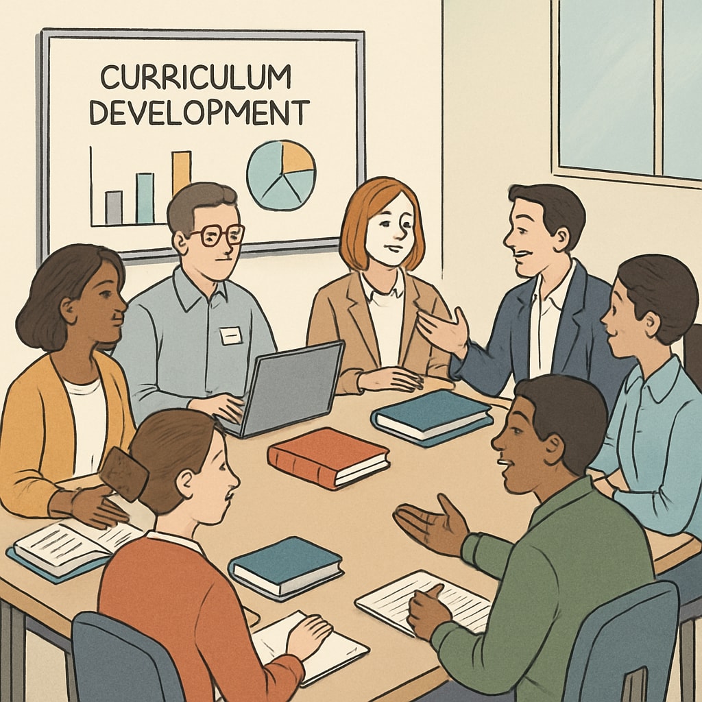 A collaborative workshop between UC employees and K-12 teachers discussing curriculum development. UC employees and K-12 teachers working together on curriculum development.