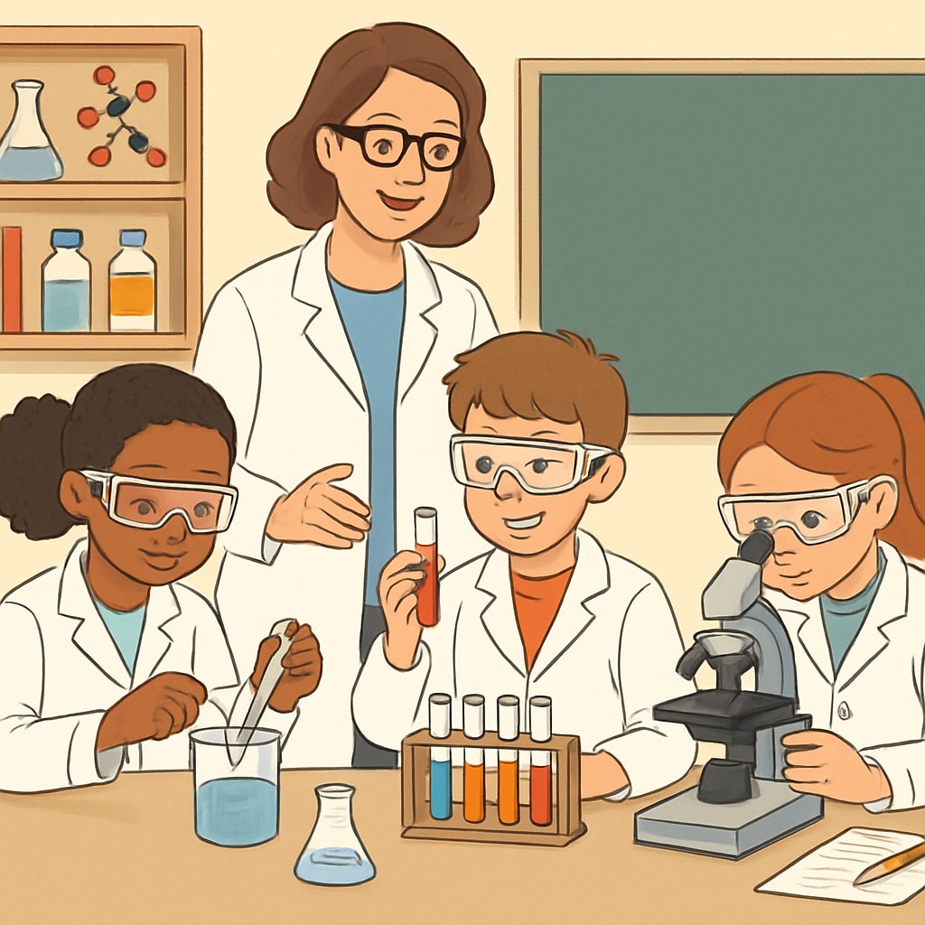 A science lab activity where elementary students are conducting simple experiments under the guidance of a teacher. Elementary school students in a science lab engaging in STEM activities.