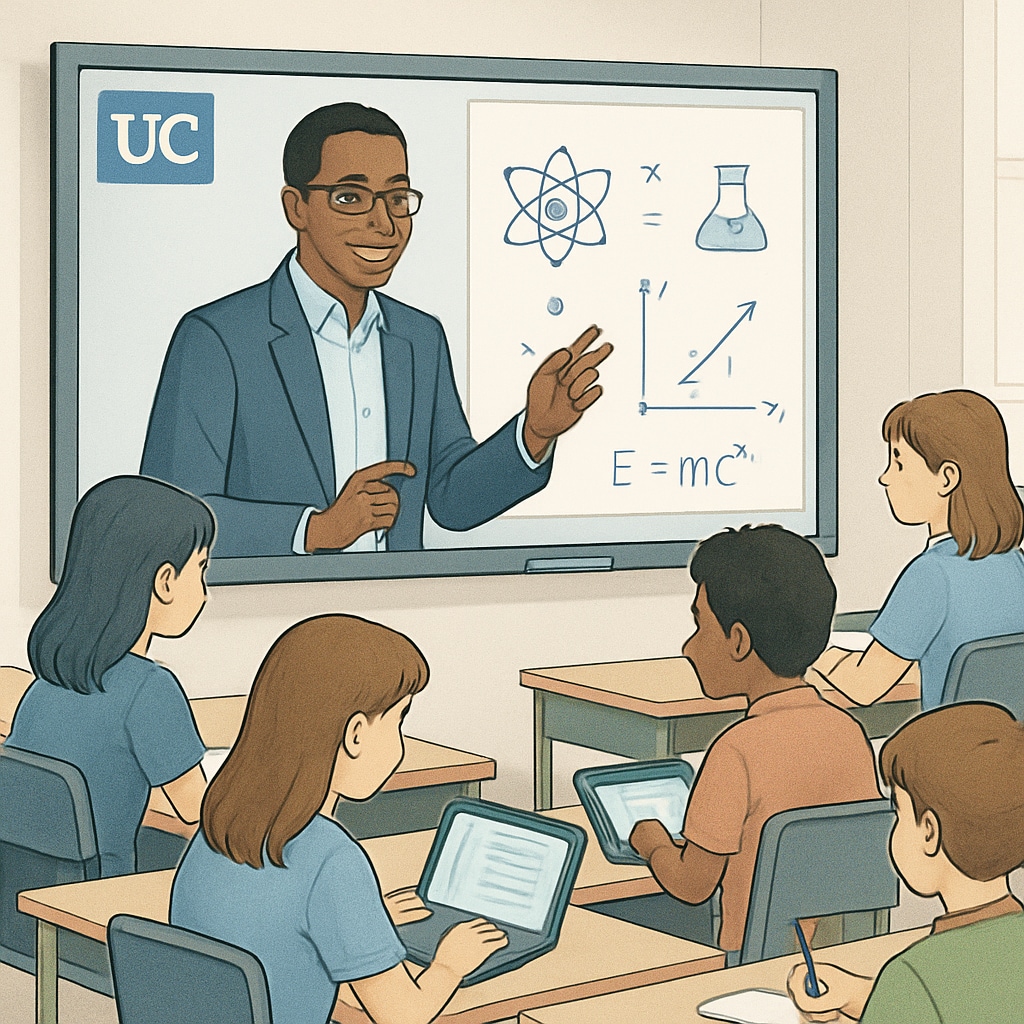 A virtual classroom where a UC professor teaches a STEM lesson to K-12 students. UC professor teaching STEM to K-12 students in a virtual classroom.